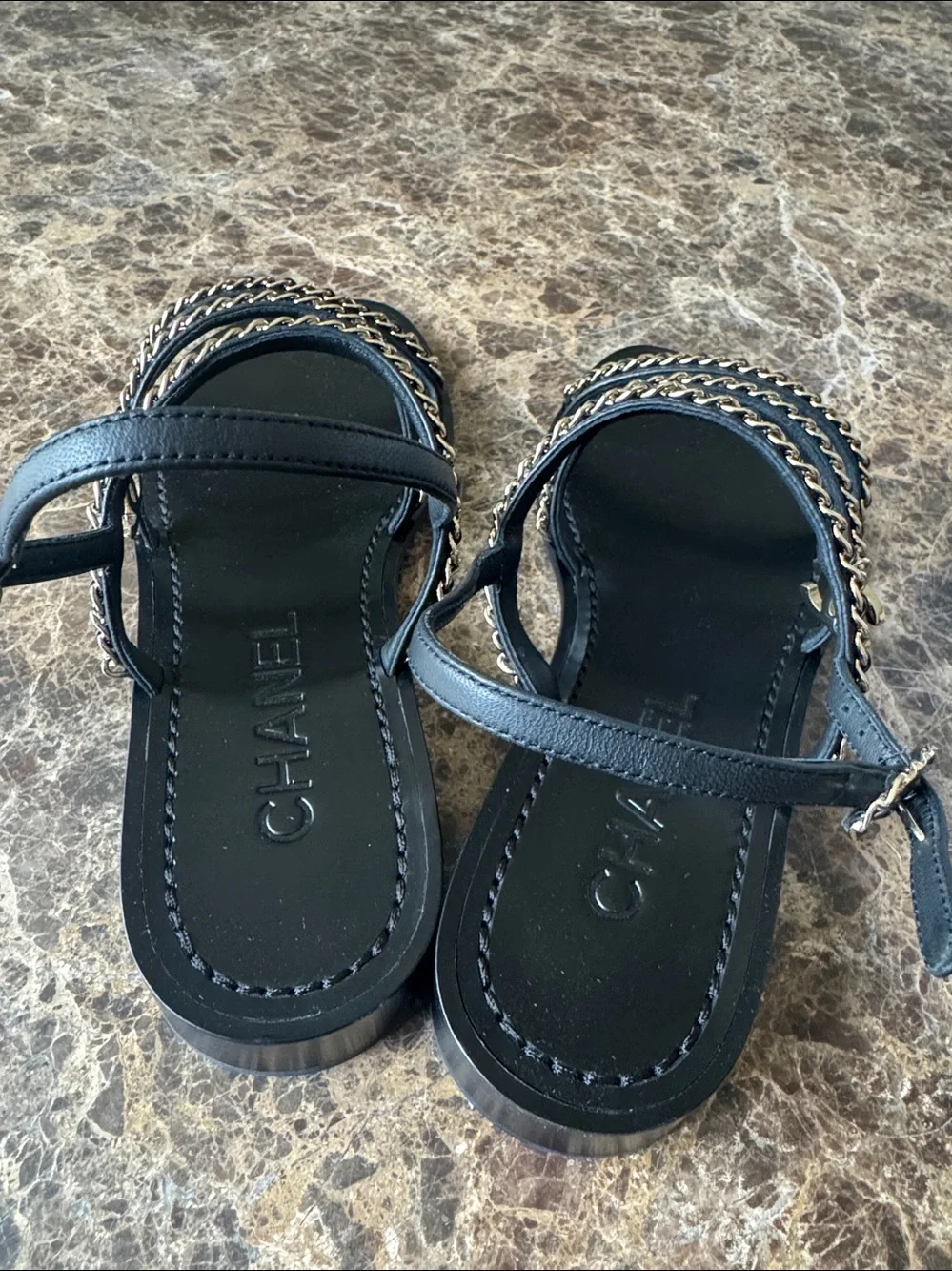 Chanel black leather gold chain sandals flats charms sz 38